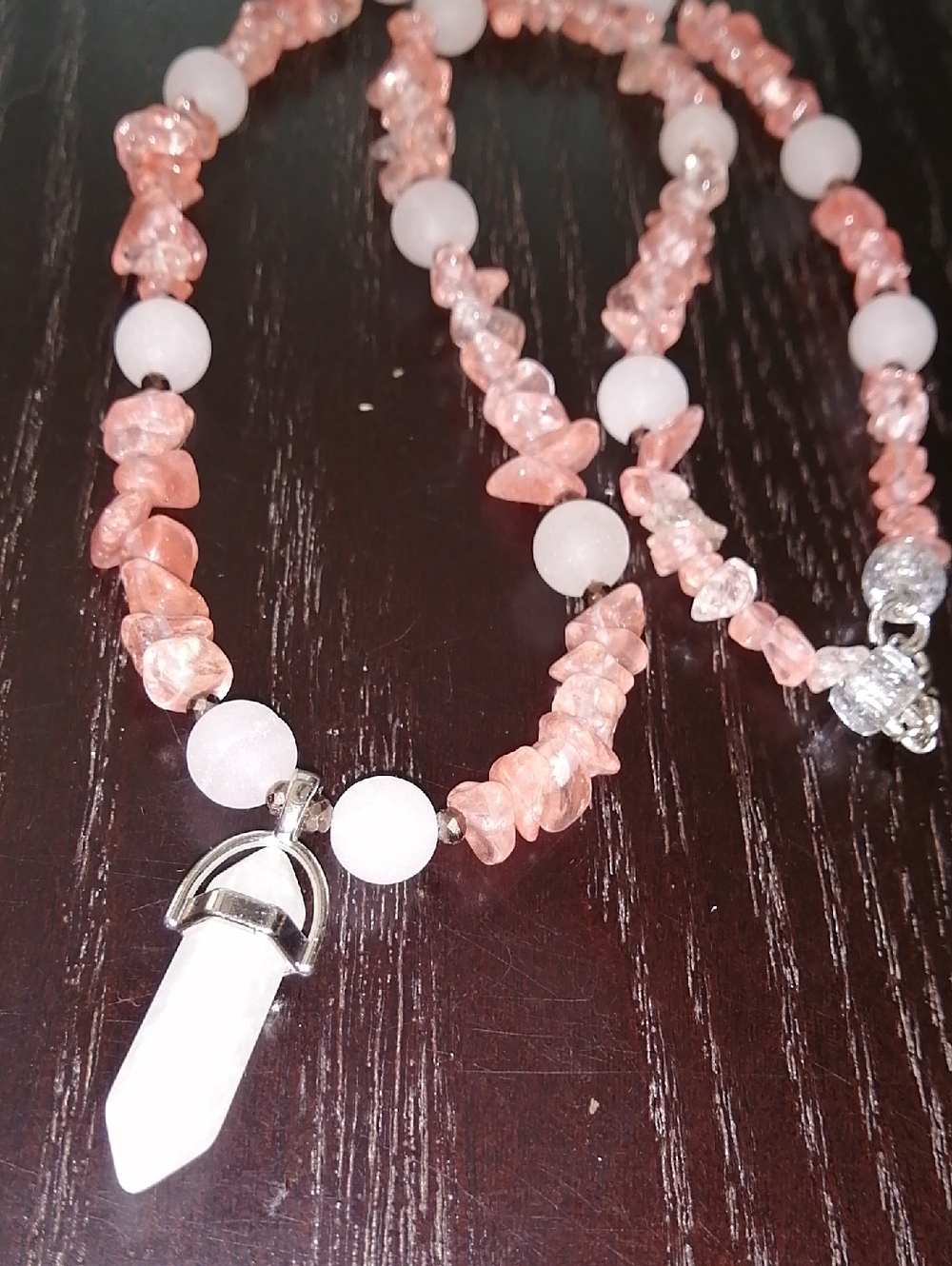 Frosted Rose Quartz  and Cherry Quartz Chips, Pendant Necklace 23" Long